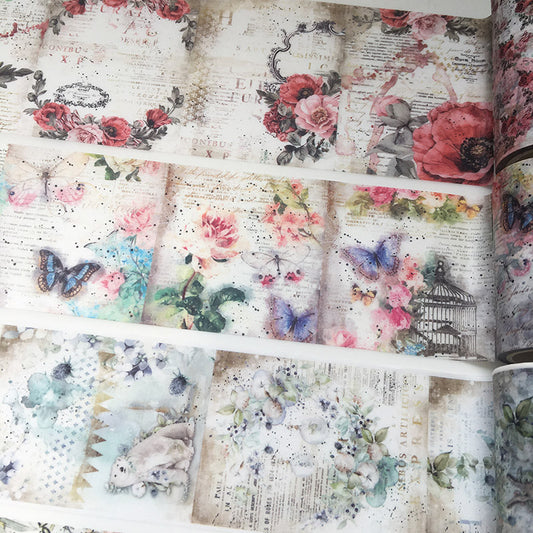 Two rolls of vintage floral washi tape with clocks, feathers, and text overlays, measuring 55mm x 5m.