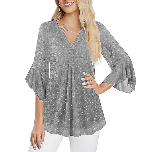 Blusa Suelta de Malla Plateada con Cuello V y Mangas 3/4 Pétalos - Image 22
