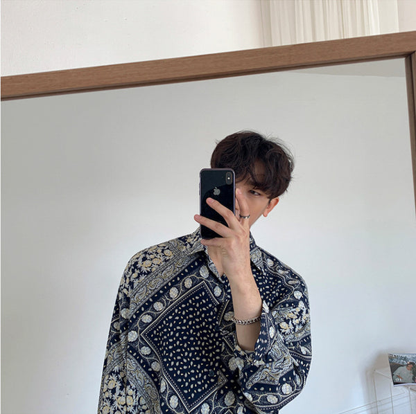 Camisa Suelta de Manga Larga Cashew Trendy para Hombre
