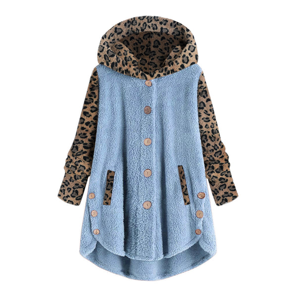 Abrigo Largo con Capucha y Empalme de Leopardo en Felpa para Mujer