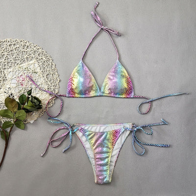 Gradient snakeskin print bikini with iridescent colors, triangle top, and tie-side bottoms. - Image 8