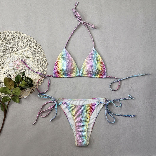 Gradient snakeskin print bikini with iridescent colors, triangle top, and tie-side bottoms. - Image 8