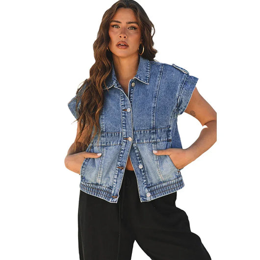 Chaleco Denim Mujer Cuello Solapa Manga Corta - Estilo Casual Japonés