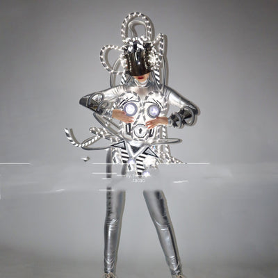 Traje de Rendimiento Cyberpunk con LED Luminoso Plateado - Image 10