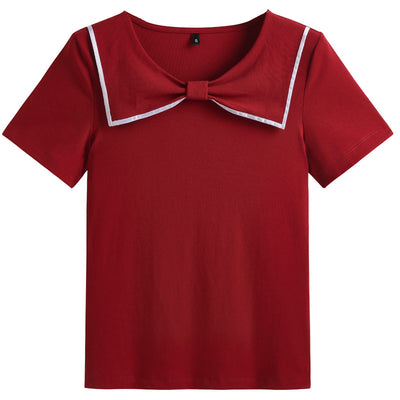 Blusa Coreana Cuello Redondo con Lazo Ajustada de Algodón Manga Corta - Image 5