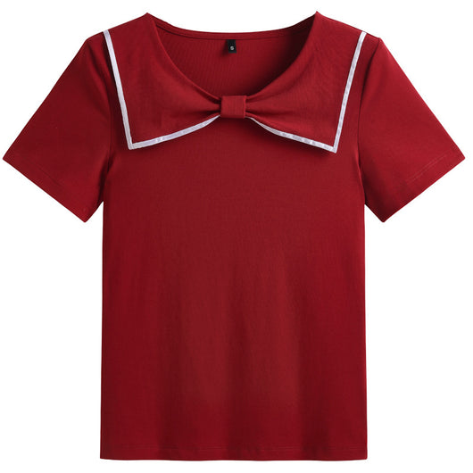 Blusa Coreana Cuello Redondo con Lazo Ajustada de Algodón Manga Corta - Image 5