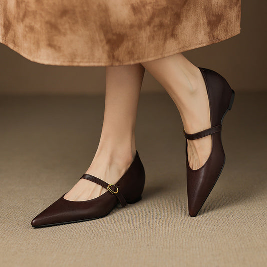 Pumps Retro Francés Punta Fina de Piel de Oveja para Mujer