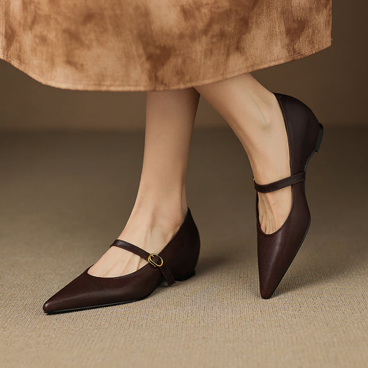 Pumps Retro Francés Punta Fina de Piel de Oveja para Mujer