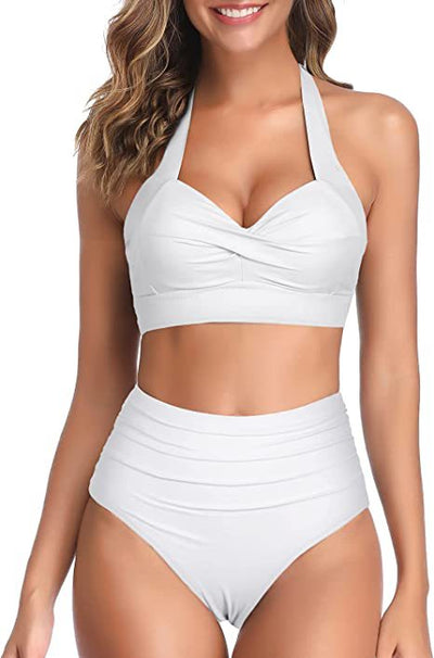 Bright yellow two-piece bikini with a halter neck top featuring a twisted bow and high-waisted ruched bottoms. - Image 16