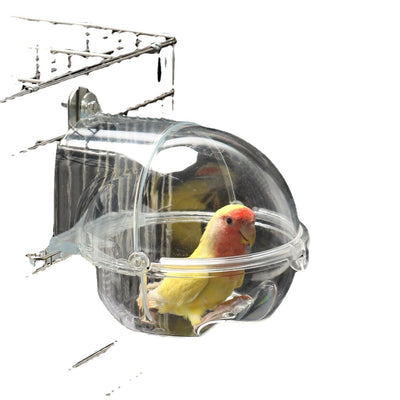 Transparent spherical bird bathtub with a perch, designed to attach to a bird cage, showing dimensions. - Image 5