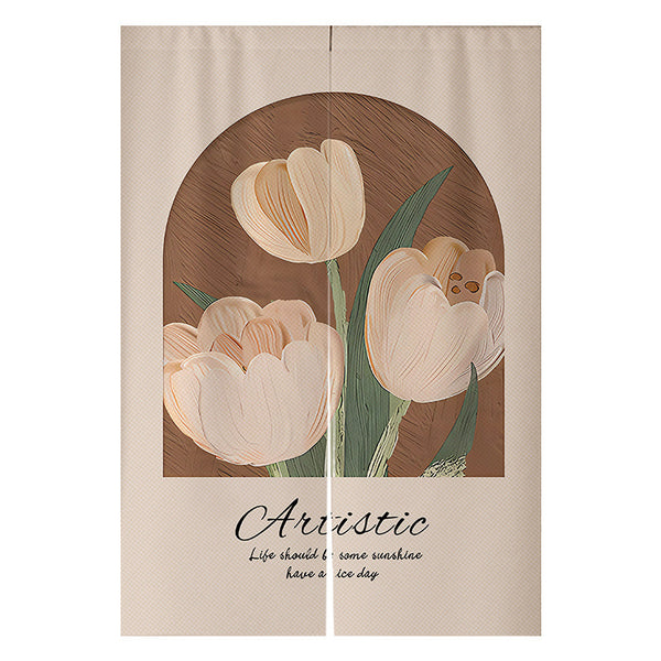 Cream door curtain with peach tulip floral design, green leaves, and "HAVE A NICE DAY" arched text. - Image 16