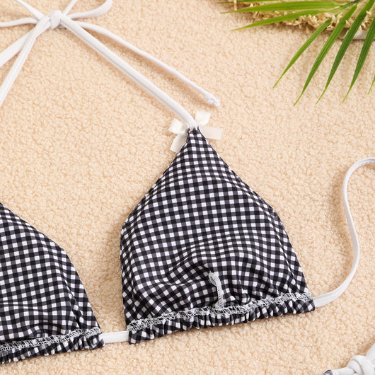 Blue and white gingham plaid bikini swimsuit with triangle top and thong bottom, featuring white tie straps and bows. - Image 67