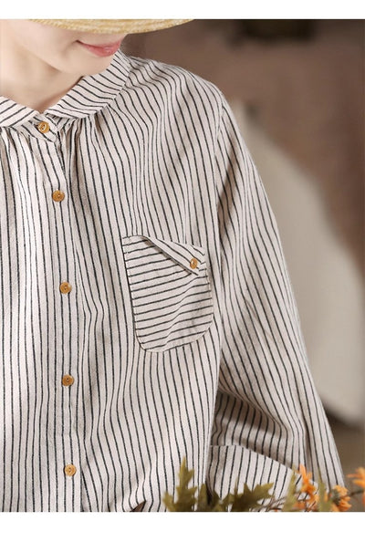 Blusa Retro de Lino y Algodón a Rayas con Diseño Artístico - Image 25