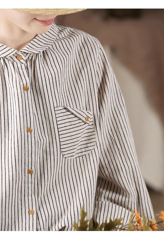 Blusa Retro de Lino y Algodón a Rayas con Diseño Artístico - Image 25