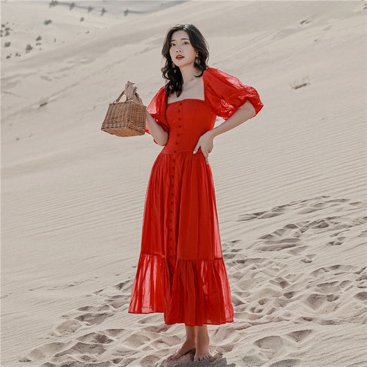 Vestido Largo Cuello Cuadrado con Mangas Abullonadas para Mujer