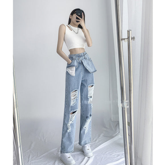 Jeans Crossover Talle Alto Suelto Estilo Street Hot Girl
