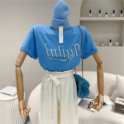 Camiseta Suelta Cuello Redondo con Perlas y Letras Estampadas - Image 18