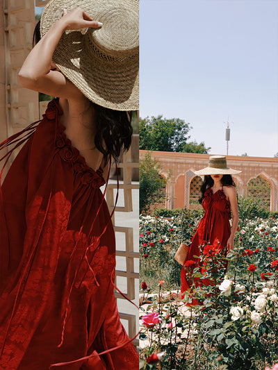 Vestido de Satén con Flores 3D y Espalda Descubierta - Image 5