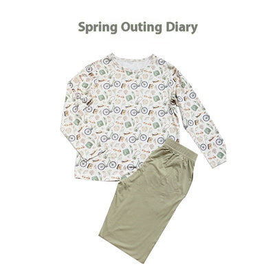 Bamboo cotton knitted parent-child pajama set with a pumpkin print long-sleeve top and solid light blue-grey pants. - Image 9
