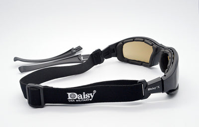 Black full-frame motorcycle goggles with yellow lenses, an adjustable elastic strap, and detachable temple arms. - Image 7