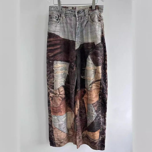 Pantalón Denim Ancho Vintage con Costuras Teñidas y Detalles Rotos - Image 2