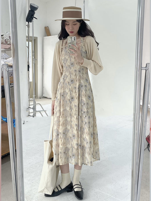 Vestido Chifón Escote Halter con Estampado Acuarela y Espalda Abierta