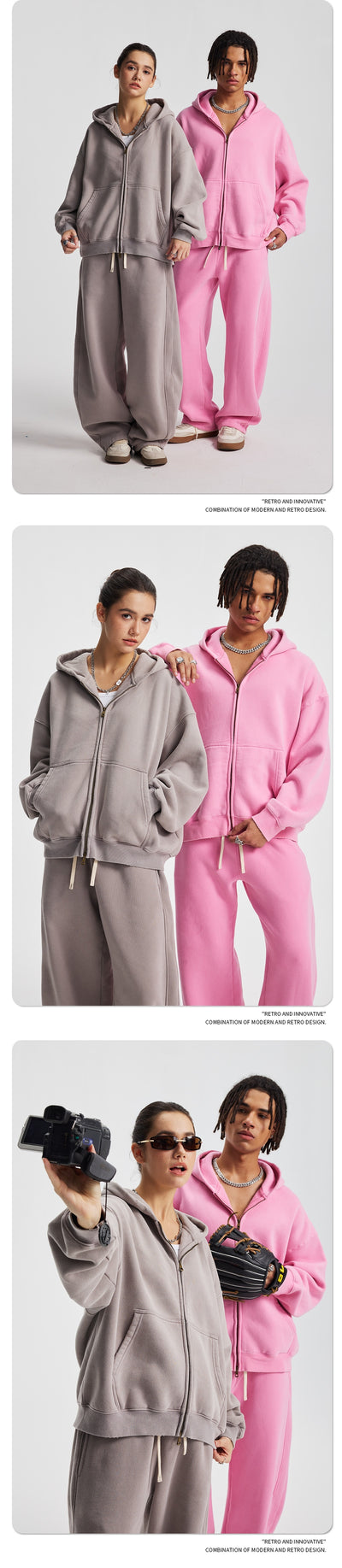 Men's pink washed full-zip hooded jacket and matching sweatpants set, featuring a relaxed fit and drawstring details. - Image 26