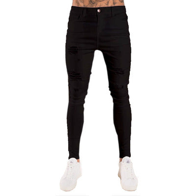 Jeans Slim Rotos de Cintura Alta para Hombre - Estilo Europeo y Americano en Negro - Image 3