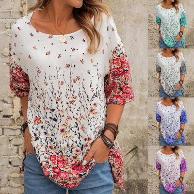 Blusa Casual Floral Suelta Cuello Redondo Manga Corta para Mujer