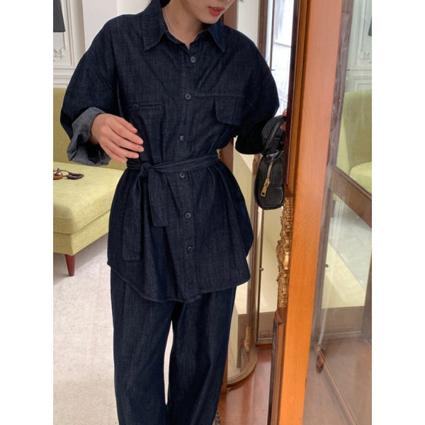 Camisa Denim Ajustada con Cordones y Cierre Simple