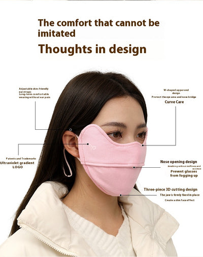 Black winter thermal mask with ear hooks, contoured for face and nose, shown on a person and in a close-up. - Image 11