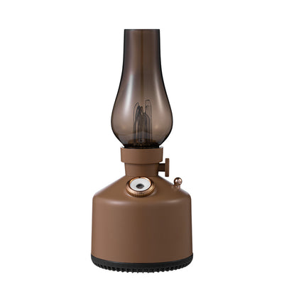 Wood grain kerosene lamp air humidifier with a clear glass-like top and a white light element, featuring a gold control knob. - Image 4