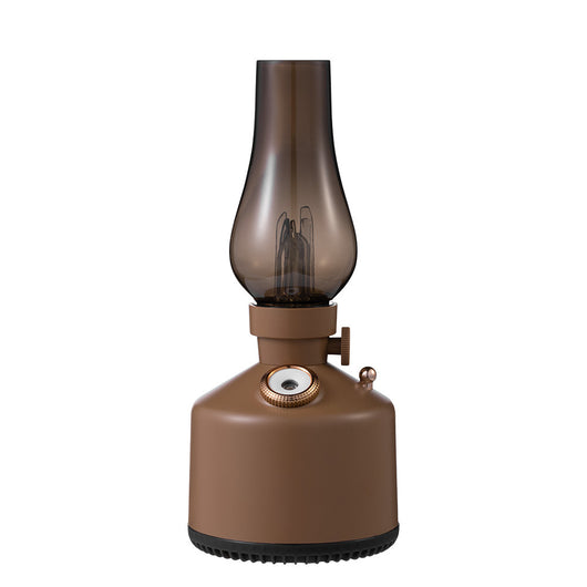Wood grain kerosene lamp air humidifier with a clear glass-like top and a white light element, featuring a gold control knob. - Image 4