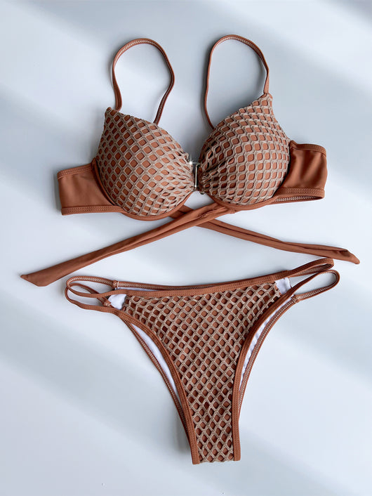 Light brown push-up bikini with fishnet overlay on cups and front of bottoms, featuring a V-bar detail. - Image 11