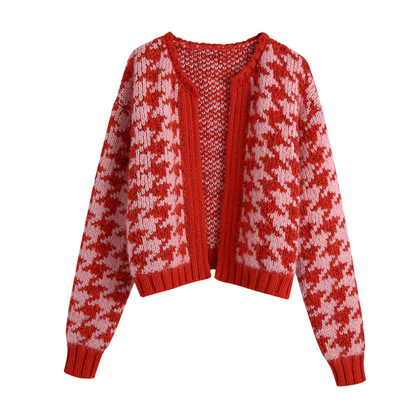 Cardigan Tejido Pied de Poule con Detalle Lattice para Mujer