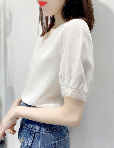 Blusa Suelta con Cuello V y Mangas Abullonadas - Diseño Exclusivo en Encaje - Image 11