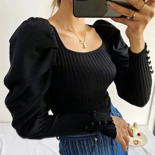 Suéter Tejido con Cuello Cuadrado y Mangas Abullonadas - Image 11