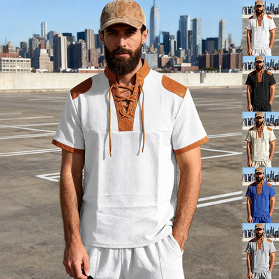 Camiseta Casual Hombre Estilo Medieval con Cuello Cordón