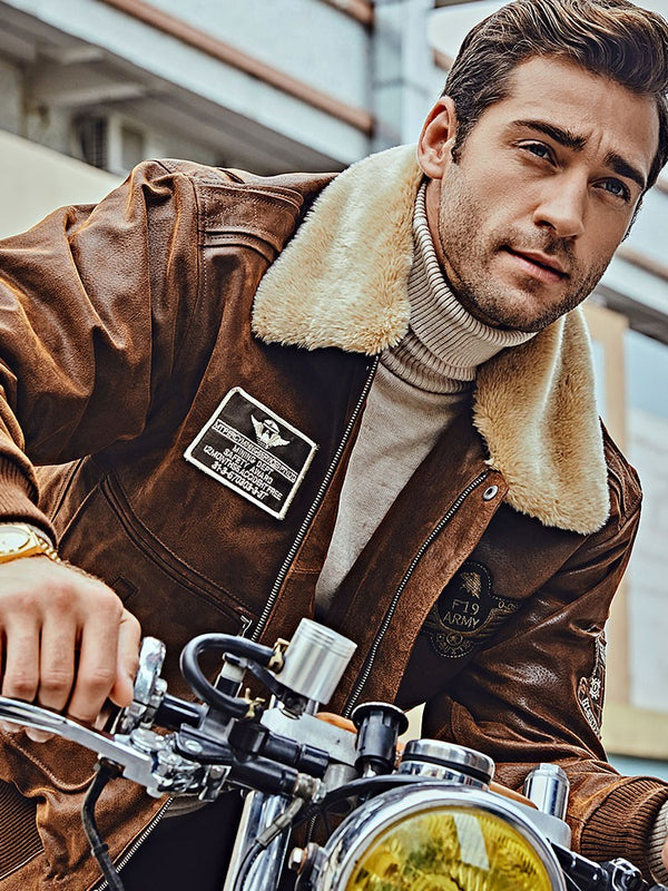 Chaqueta de Cuero con Cuello de Piel para Hombre