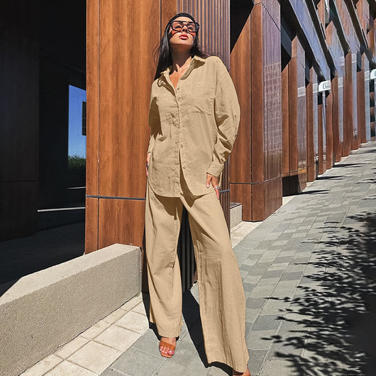 Conjunto Casual Khaki de Lino y Algodón - Camisa y Pantalón Ancho Estilo Urbano para Mujer