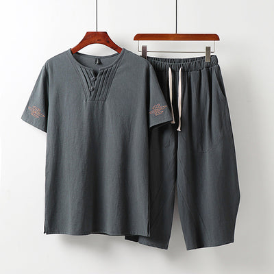Conjunto Asiático: Blusa Bordada Manga Corta y Pantalón Capri Lino Algodón - Image 9