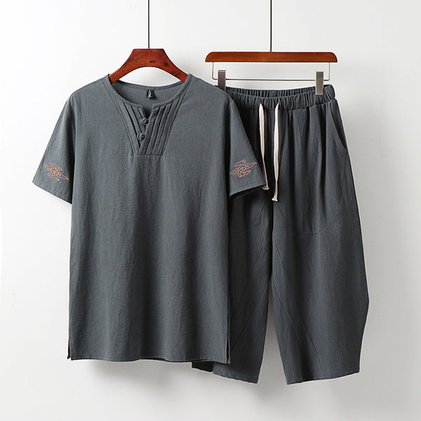 Conjunto Asiático: Blusa Bordada Manga Corta y Pantalón Capri Lino Algodón