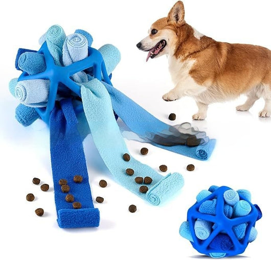 Colorful pet sniffing ball interactive toy with rolled fabric strips, shown with a corgi and scattered kibble. - Image 7