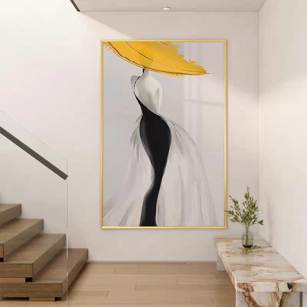 Cuadro Abstracto Mujer Moderna Sombrero Amarillo - Arte Óleo Nórdico Lujo para Sala