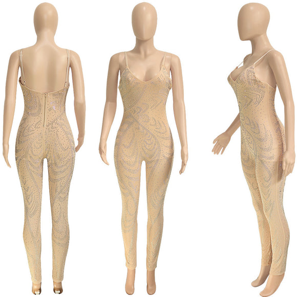 Mono Elegante de Malla con Strass sin Mangas para Mujer