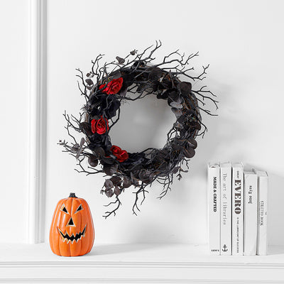 Corona Decorativa Halloween Ramas Secas con Flores Simuladas Negro - Image 6