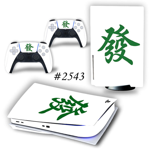 White PS5 console and controller skins with a green Mahjong character design.