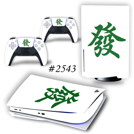 White PS5 console and controller skins with a green Mahjong character design.
