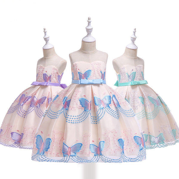 Vestido Infantil de Tul con Flores Bordadas y Escote Tubo