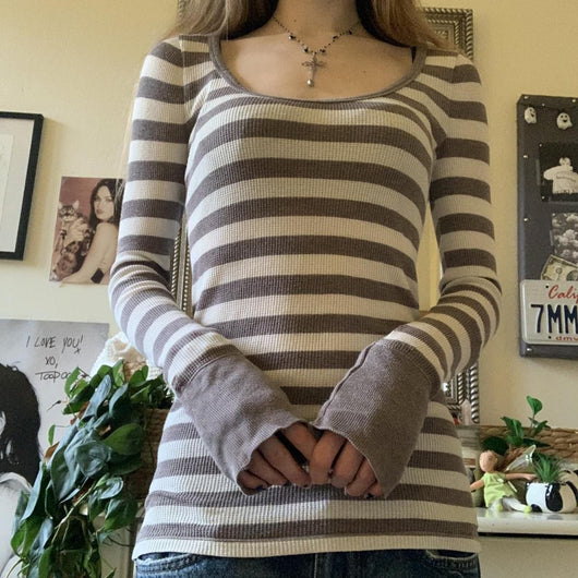 Blusa Manga Larga a Rayas con Cuello Redondo para Mujer - Image 7